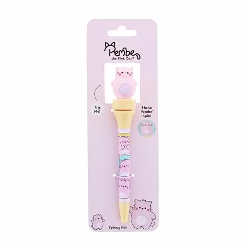 Pembe Pink Ballpoint Pen with Spinning Cat Topper, Pink and Yellow