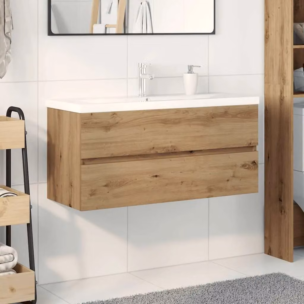 Berkfield Home Artisan Oak Wall Mounted Bathroom Sink Cabinet with Built-in Basin and Faucet in Brown – 2