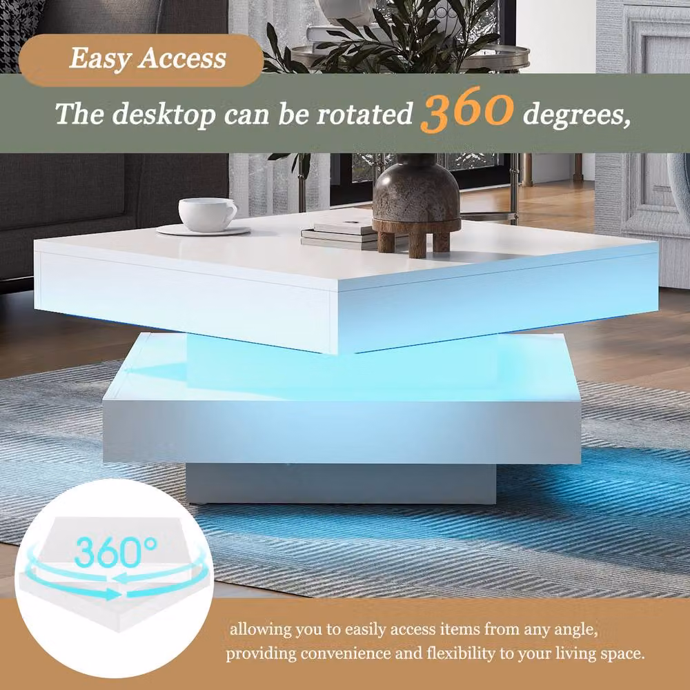 STILVORA Modern Square Coffee Table with Rotating Top in White, W/D/H: 70 x 70 x 36 cm – 4
