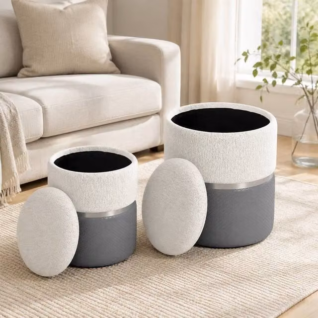 STILVORA Nesting Ottoman Set of 2 with Storage in Cream
