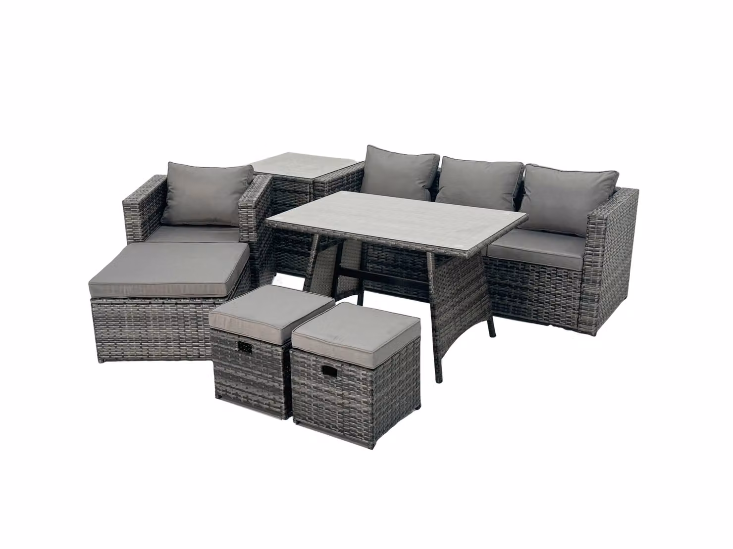 Fimous Rattan Dining Sofa Set with Side Table and 3 Footstools in Dark Grey – 2