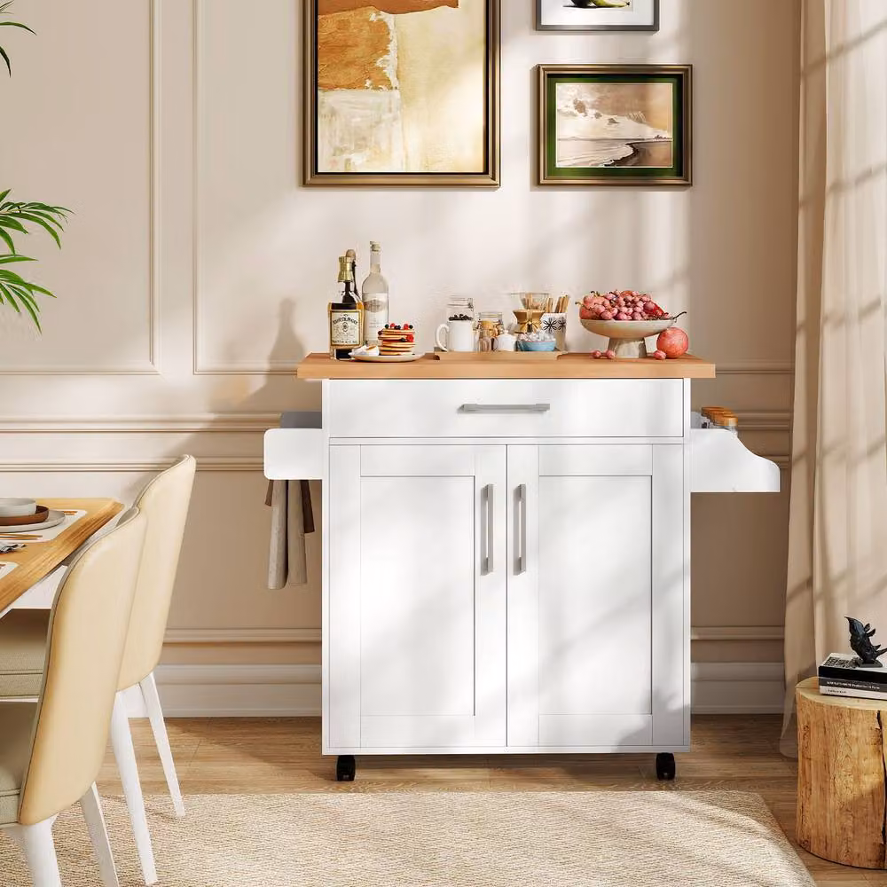 Gymax Kitchen Island Trolley Cart with Spice Rack and Towel Holder in White – 3