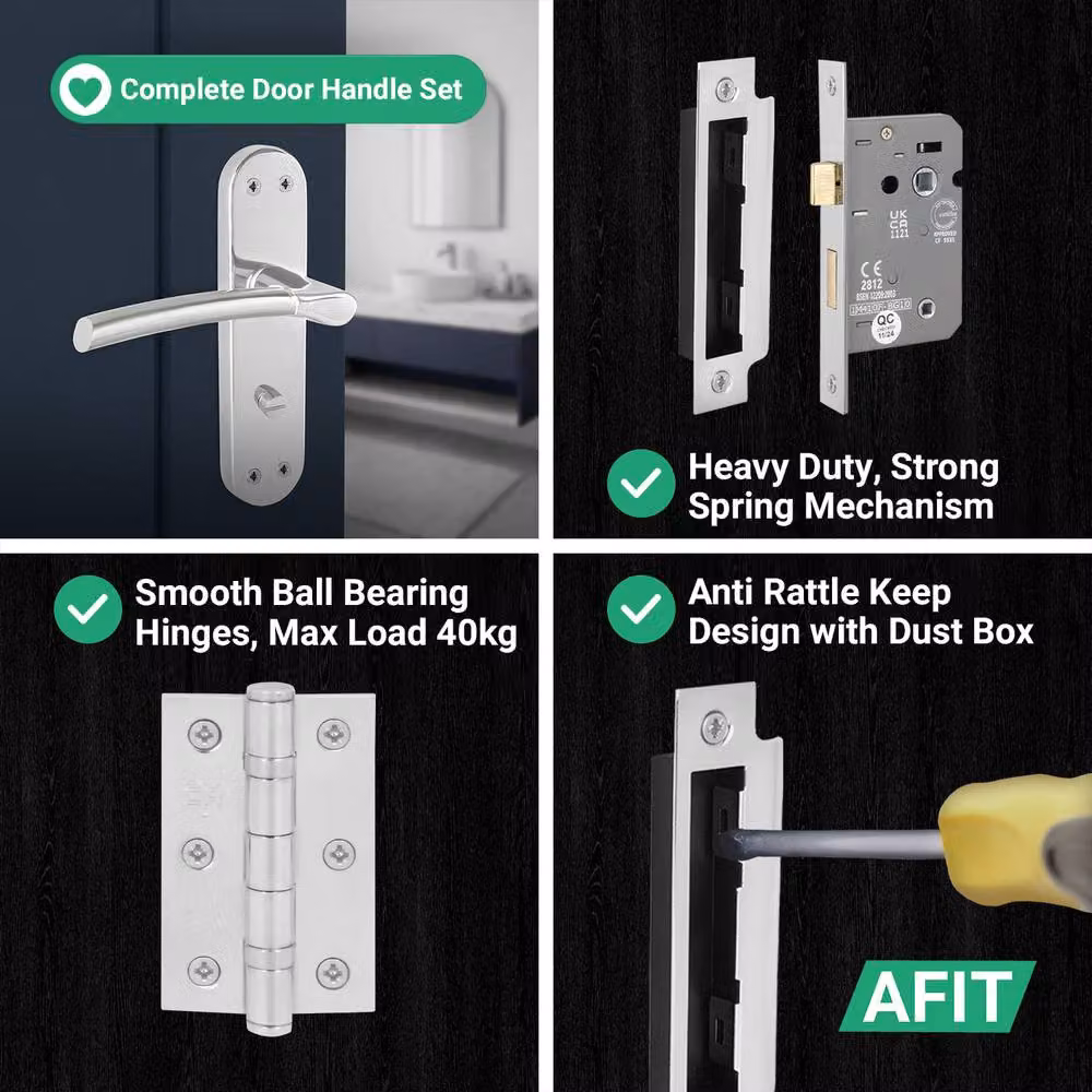AFIT Boston Bathroom Handle with WC Lock and Hinges in Satin Nickel Silver, 150 x 150 mm – 3