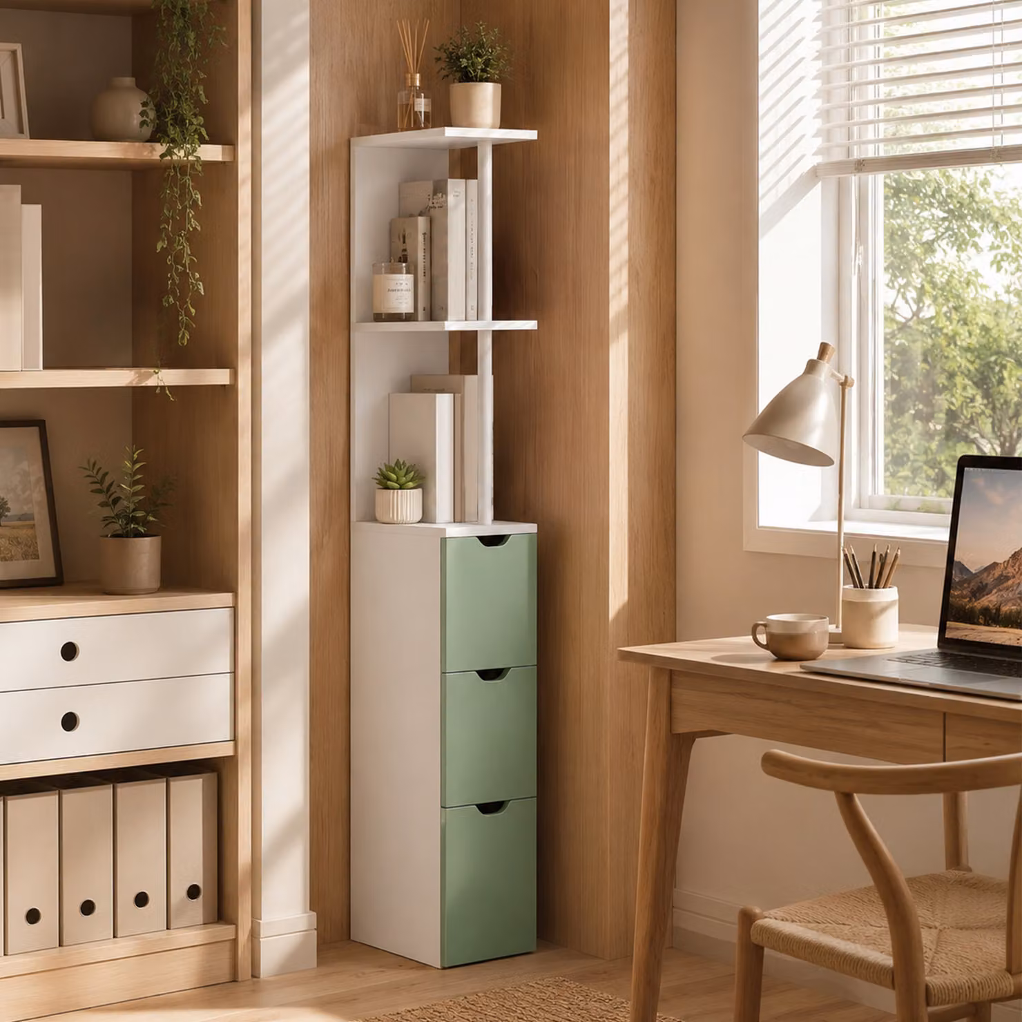 HOMCOM Slim Bathroom Storage Cabinet with 2-Tier Shelf and 2 Drawers, White and Light Green – 4