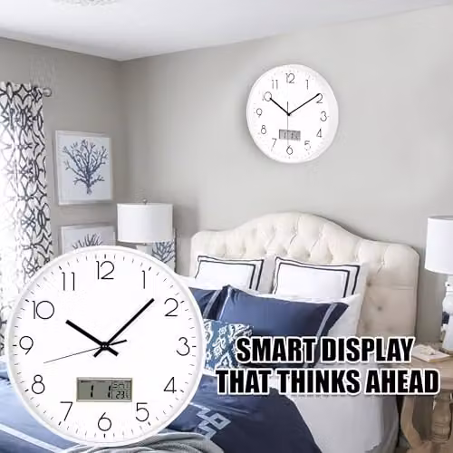 ATEK Modern Round Digital Wall Clock with Silent Quartz Movement, Date and Temperature Display in Black and White, Diameter: 30.48 cm – 2