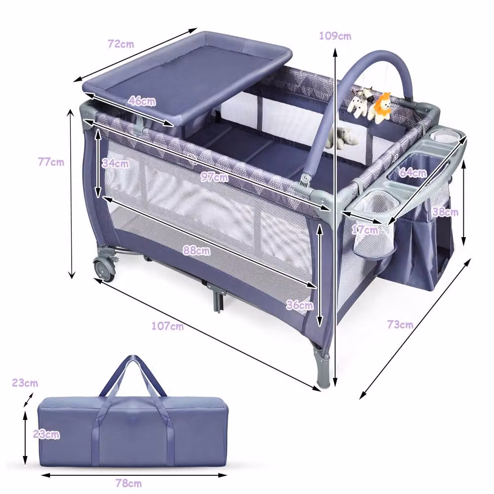 Costway Portable Baby Cot Bed with Changing Table, Playpen and Storage Shelves in Grey – 2