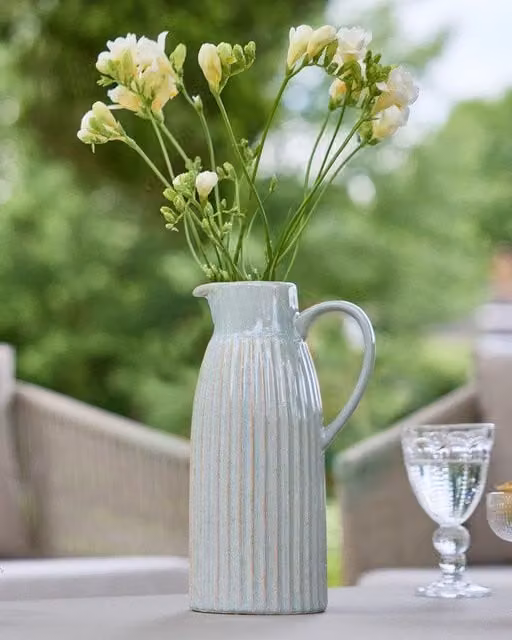 Dibor Traditional Tall Ribbed Ceramic Decorative Pitcher Jug Vase in Blue and Grey