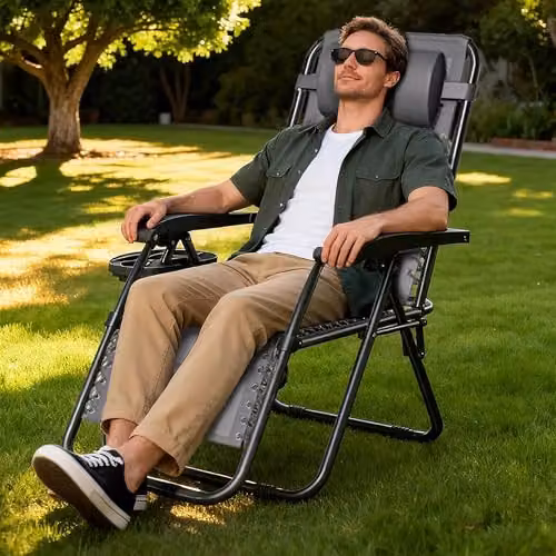 MCC Direct Set of 2 Zero Gravity Reclining Sun Loungers with Textilene Fabric, Cup Holders and Adjustable Headrests in Black and Grey – 2