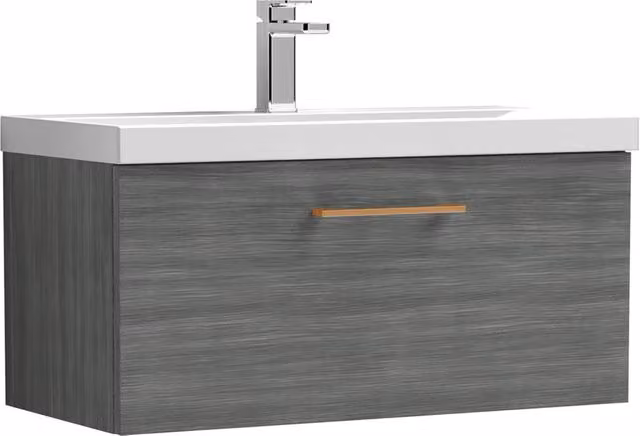Balterley 800mm Wall Hung 1 Drawer Vanity in Woodgrain Anthracite Grey with Copper Handle – 1