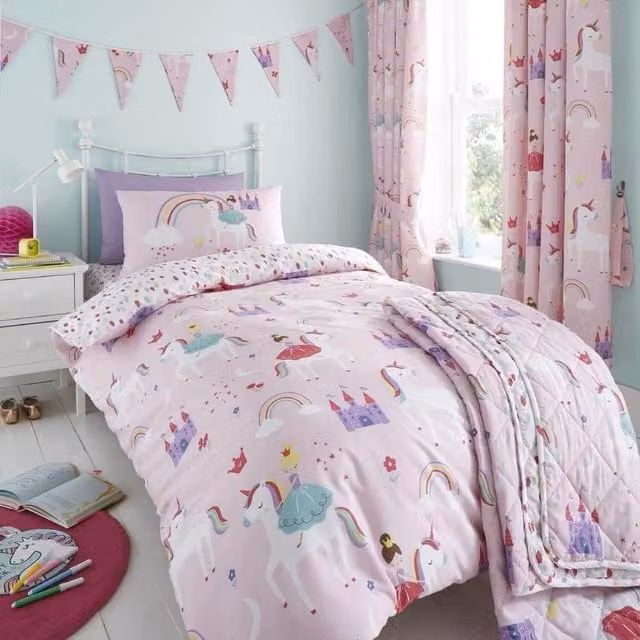 Happy Linen Company Reversible Pink Animal Graphic Kids Duvet Cover and Pillowcase Set, W/D/H: 200 x 200 cm and 50 x 75 cm