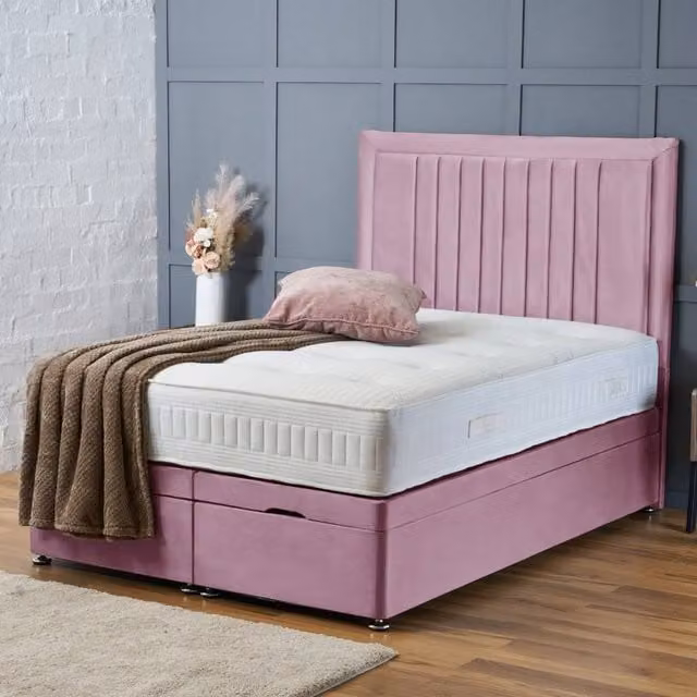 BSSPOKE Canes Ottoman Divan Bed in Pink Plush Velvet with 54 inch Headboard, Double, W/D/H: 140 x 200 cm
