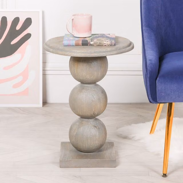 Glasstone Rustic Wooden Stacked Ball Side Occasional Table in Brown and Grey, W/D/H: 38.0 x 38.0 x 53.0 cm