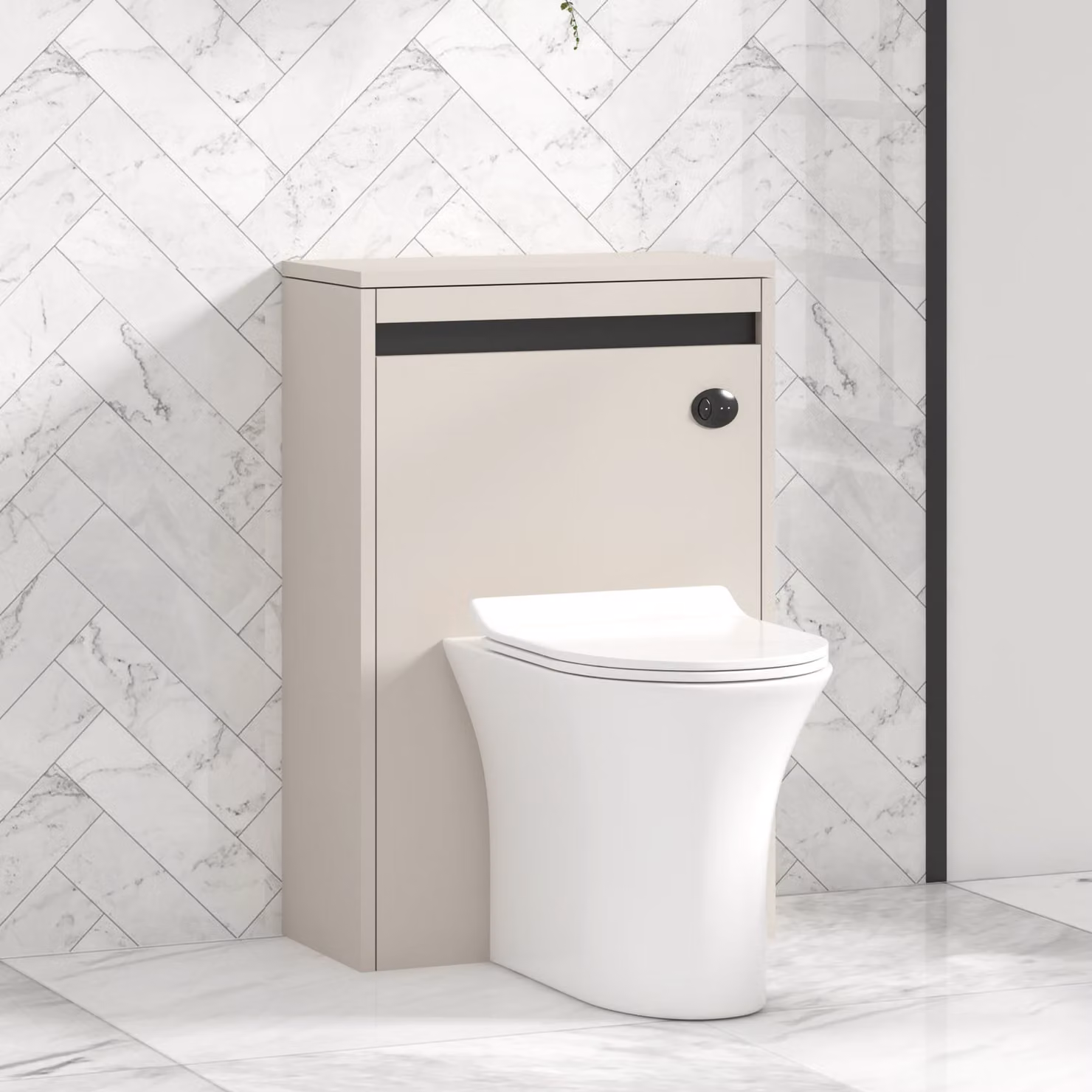 Royal Bathrooms Orion 540mm Warm Taupe Wall Mounted WC Unit with Breeze Rimless Ceramic Toilet Pan, Slim Soft Close Seat and Cistern with Black Accent Trim
