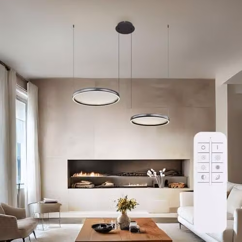 Globo Lighting Briggs LED Ring Pendant Lamp, Black, Dimmable with Remote Control, H 150 cm – 2