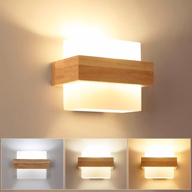 Pheashine Square Wooden LED Wall Light, 12W Scandinavian Style, Brown/Wood with E27 Bulb, H 22 cm x W 17 cm x D 17 cm