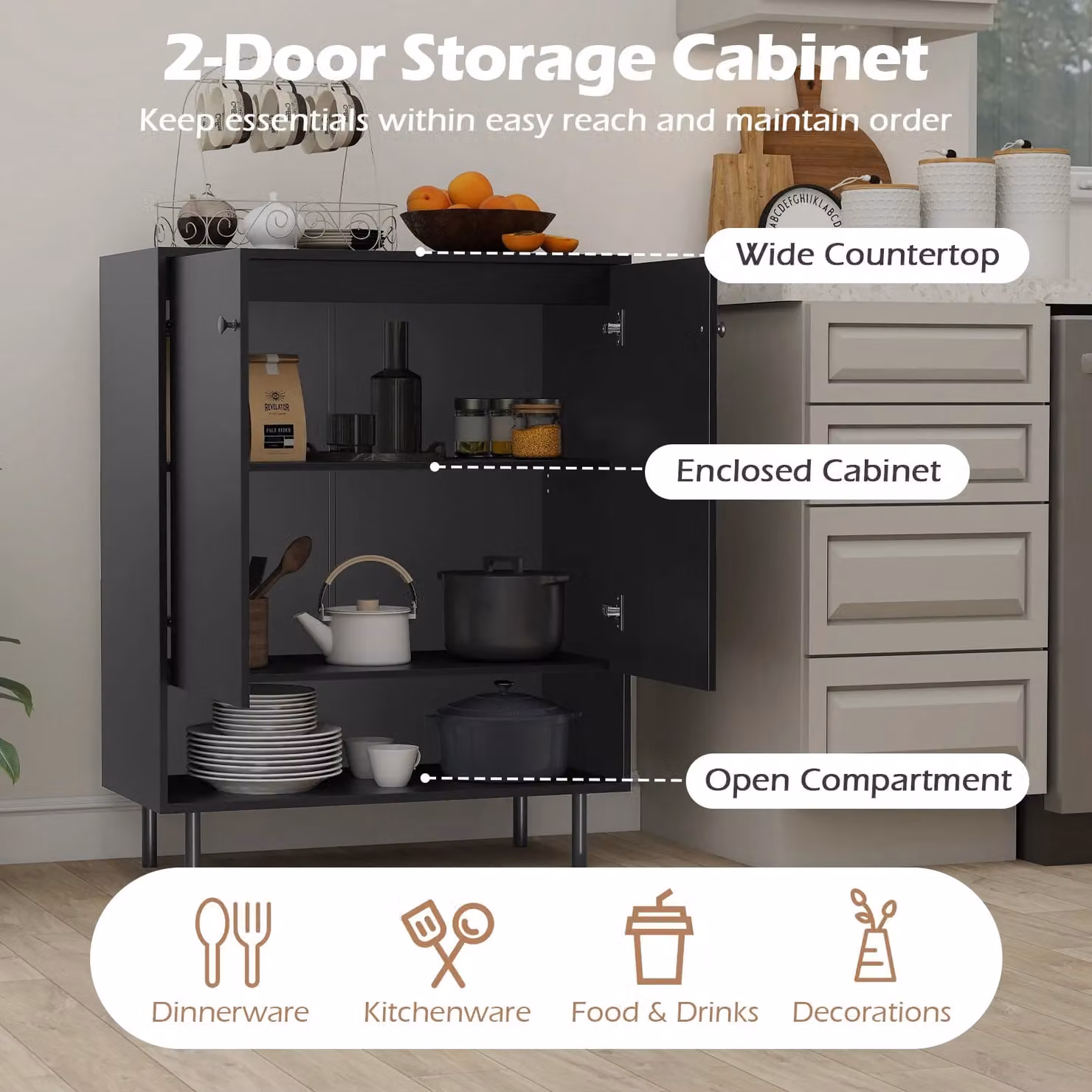 Costway Modern 2-Door Sideboard Buffet Cabinet and Kitchen Storage Unit in Matt Black – 4