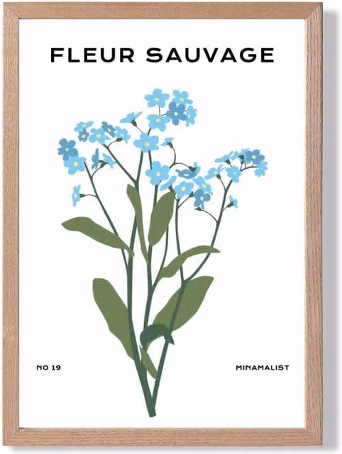 ARTZE Blue Forget Me Not Flower Market Minimalist Framed Print with Oak Frame, W: 21.0 cm, H: 29.7 cm