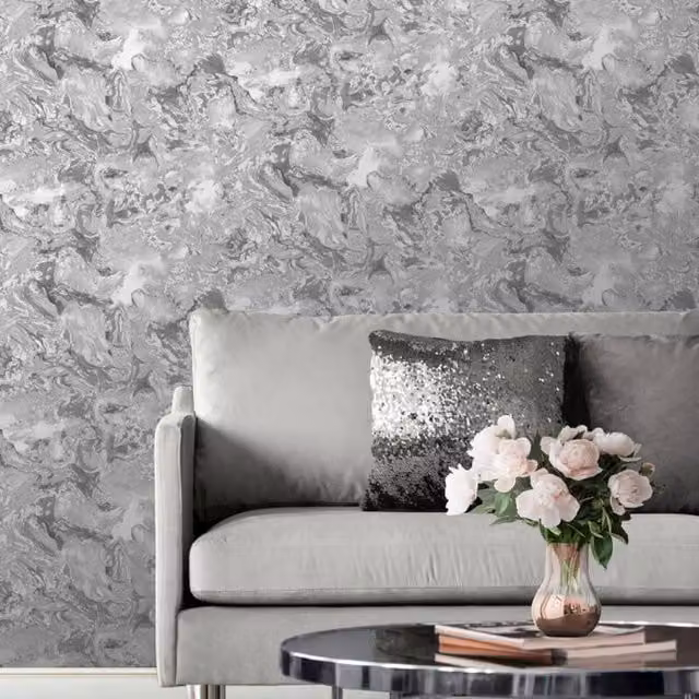 Muriva Elixir Abstract Liquid Marble Effect Wallpaper in Grey and Silver