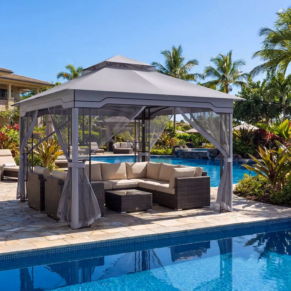 Costway Double Roof Soft Top Patio Gazebo with Zippered Mesh Netting, Grey, W: 330 cm, D: 330 cm, H: 280 cm – 5