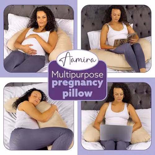 Aamira L Shaped Pregnancy Maternity Pillow in Beige Memory Foam with Velvet Cover, W/D/H: 145 x 25 x 25 cm – 7