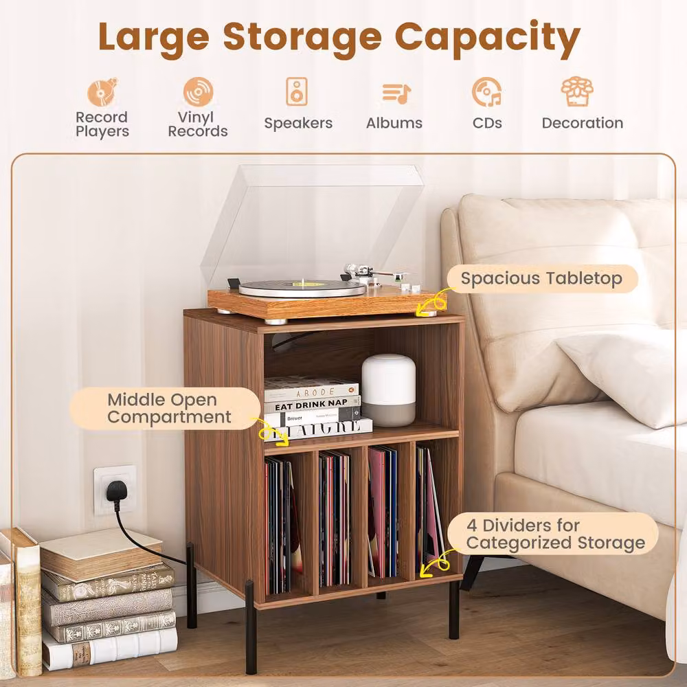 Gymax Modern Record Player Stand with 5 Media Compartments and Charging Station in Brown – 3