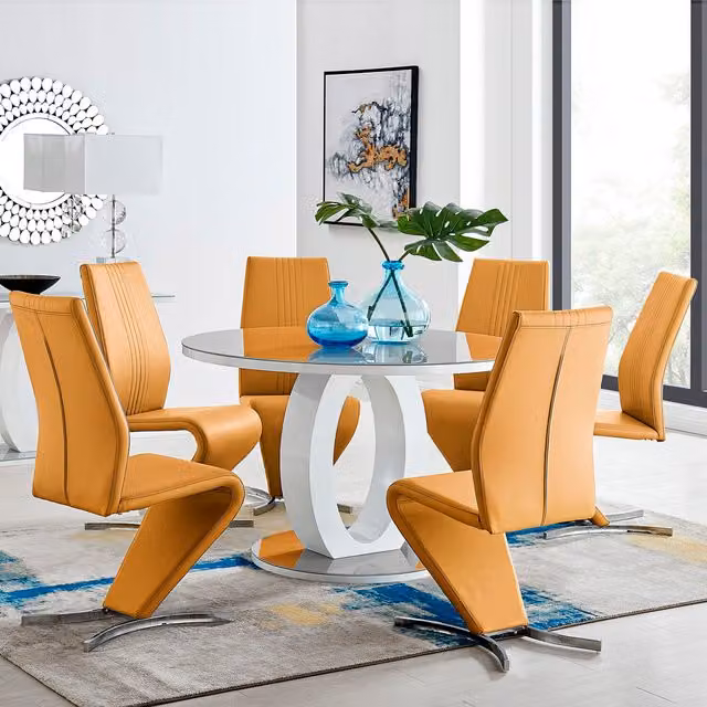 FurnitureboxUK Giovani Round Grey Glass Dining Table with 4 Mustard Willow Chairs, Diameter: 120 cm