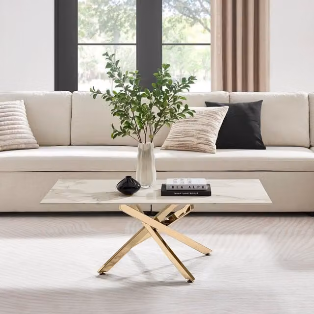 FurnitureboxUK Leonardo Rectangular Marble Effect Glass Top Coffee Table with Gold Metal Starburst Legs in White and Gold