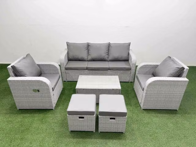 Fimous PE Rattan Garden Furniture Set in Light Grey with 3-Seater Sofa, Reclining Armchair, Coffee Table and 2 Ottomans