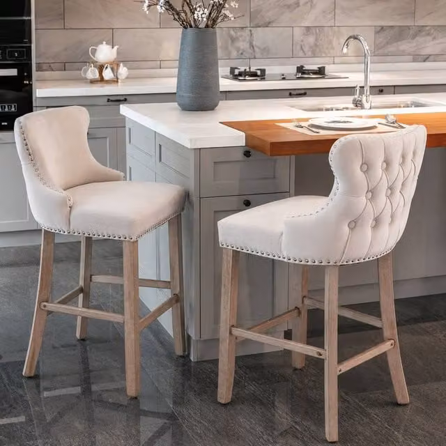 Modern Home Touch Set of 2 Beige Velvet Upholstered Bar Stools with Wood Legs – 1