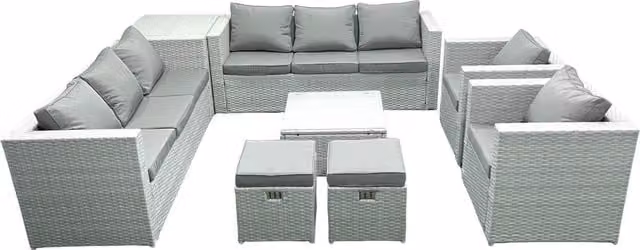 Fimous Outdoor Rattan Garden Furniture Set in Light Grey with 2 Armchairs, Square Coffee Table, 2 Small Footstools and Side Table
