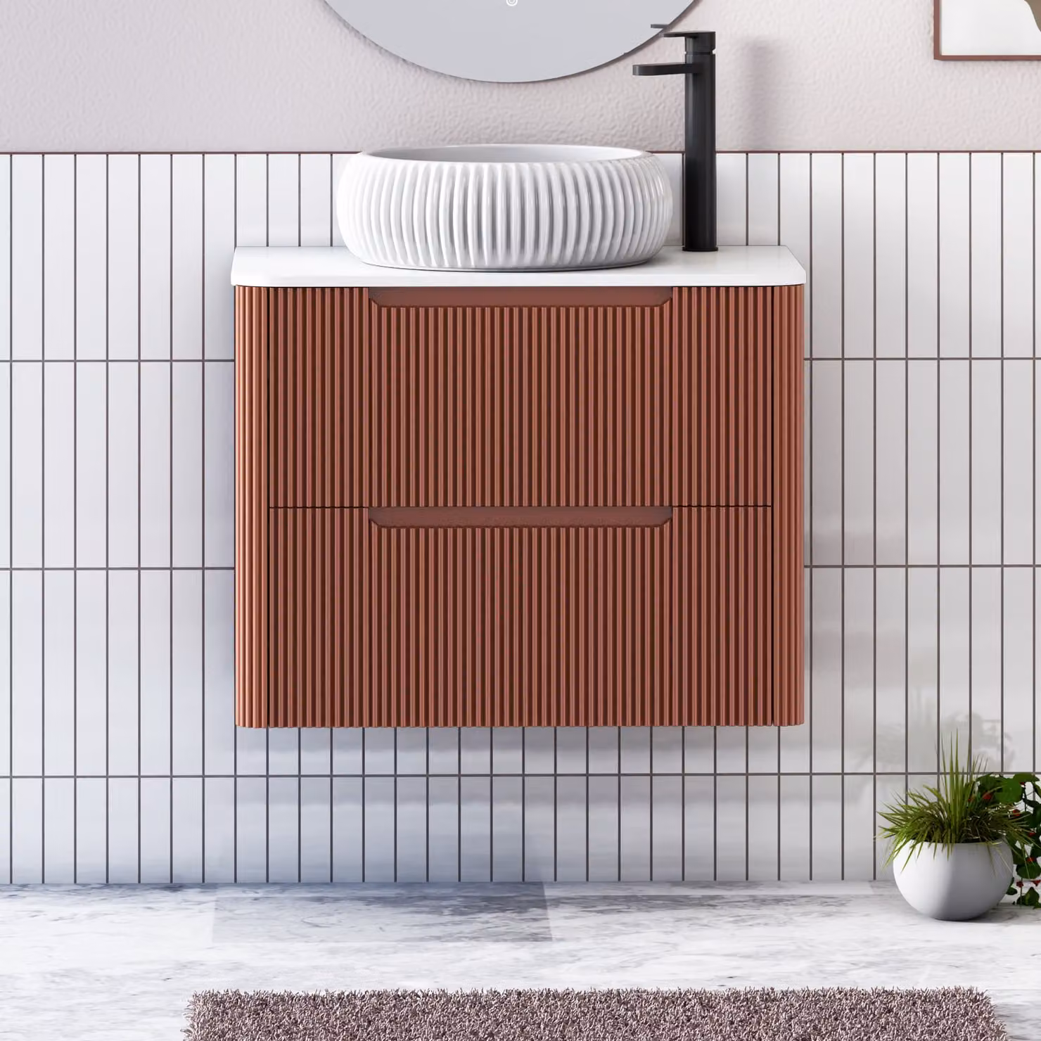 Royal Bathrooms Avenza 600mm Wall Hung Vanity Unit in Terracotta with 2 Drawers and White Milan Basin