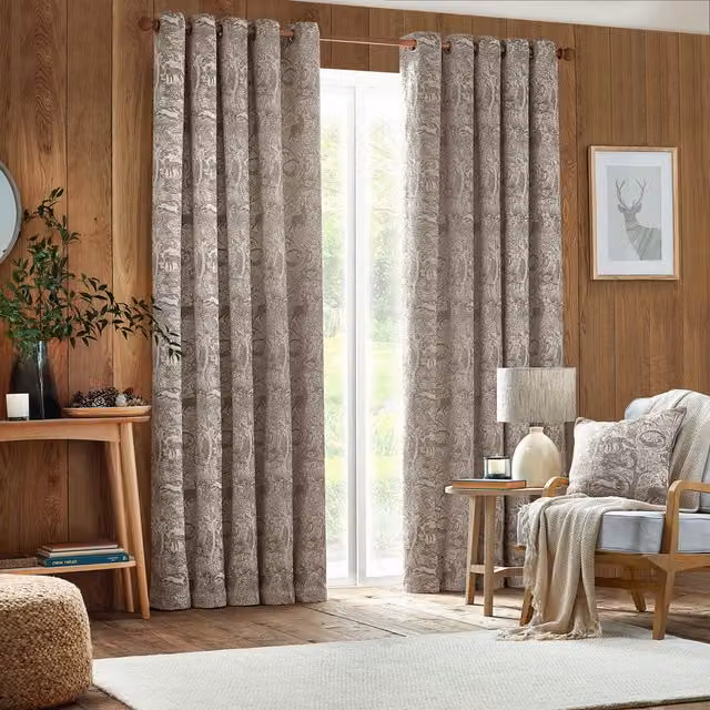 Make It A Home Winter Woods Chenille Eyelet Curtains, Set of 2, Beige and Yellow, Height: 229 cm, Width: 168 cm