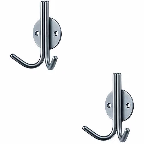 Loops 2 Pack Slimline Double Wall Mounted Coat Hooks on Round Rose in Satin Stainless Steel, 35mm Projection