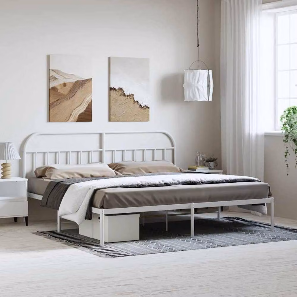 Berkfield Home Metal Bed Frame with Headboard in White W: 193 cm, L: 203 cm – 1