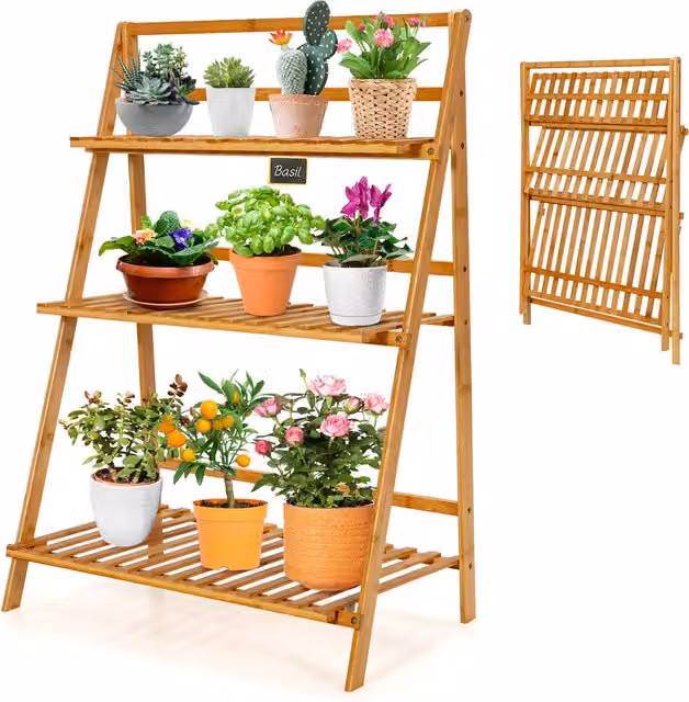 COSTWAY Folding Bamboo Plant Stand in Brown
