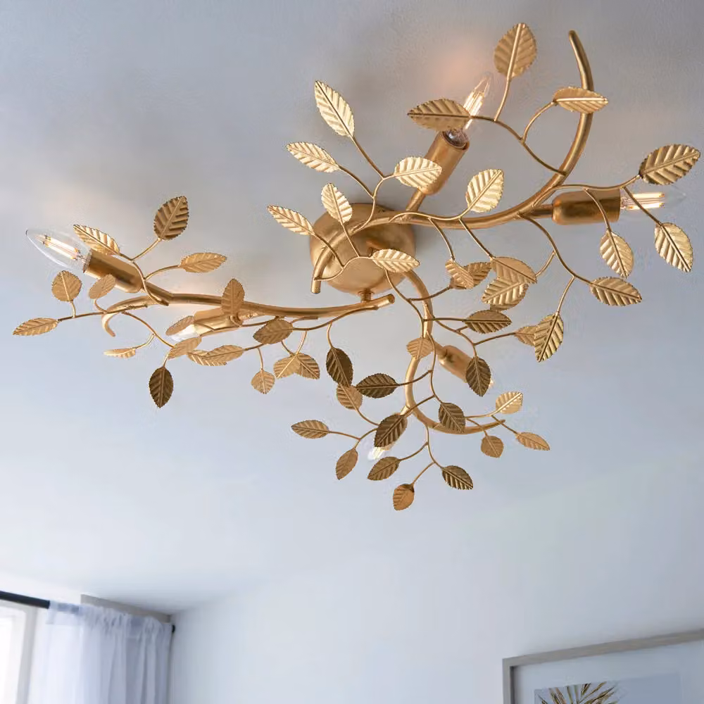 Loops Gold Leaf Flush Ceiling Light, 6 Bulb Decorative Metal Fitting in Gold and Brass, W/D/H: 76 x 76 x 16.5 cm – 2