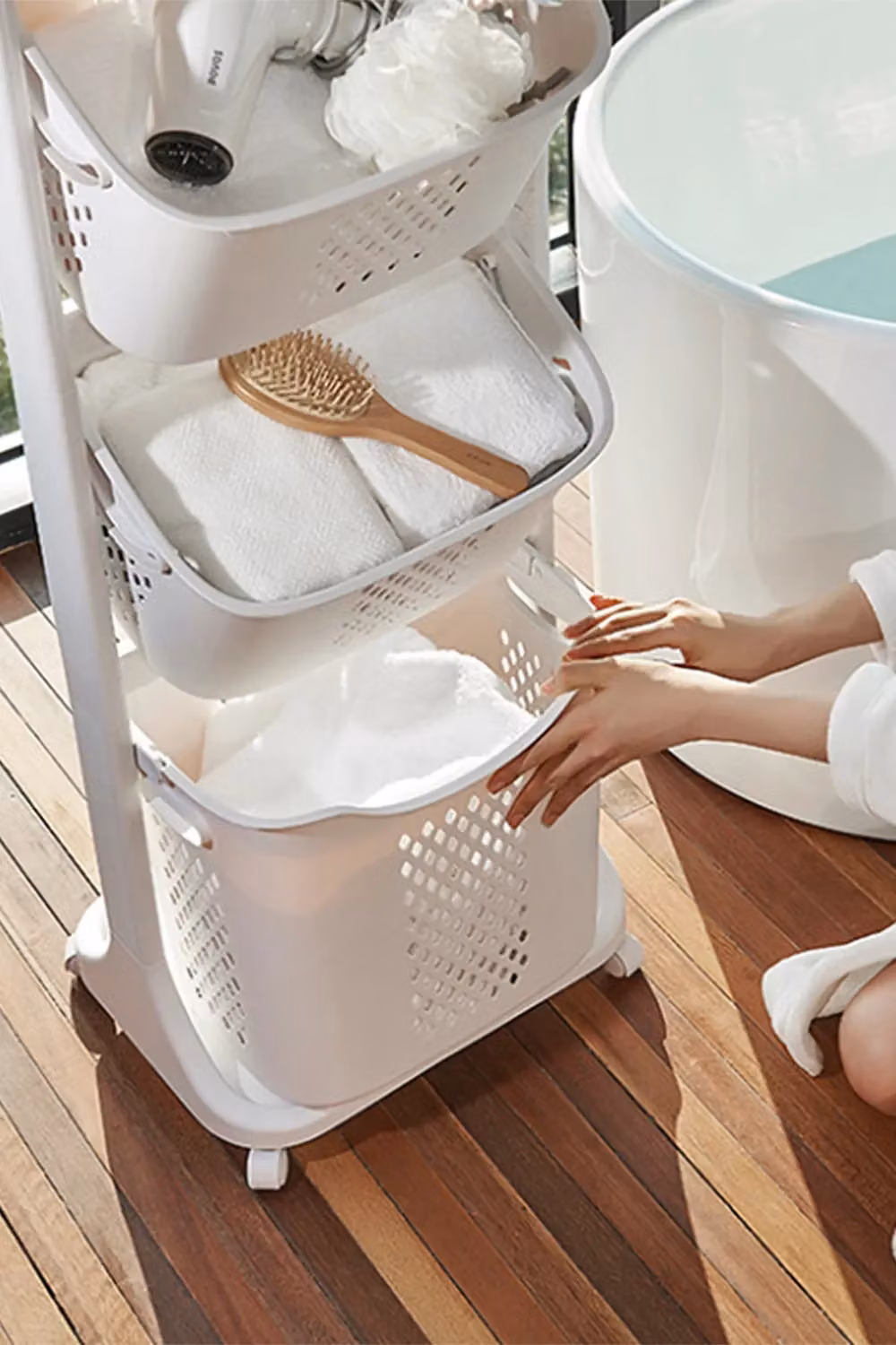 Living and Home 3 Compartment Rotatable Laundry Basket Sorter Cart with Wheels, White – 4