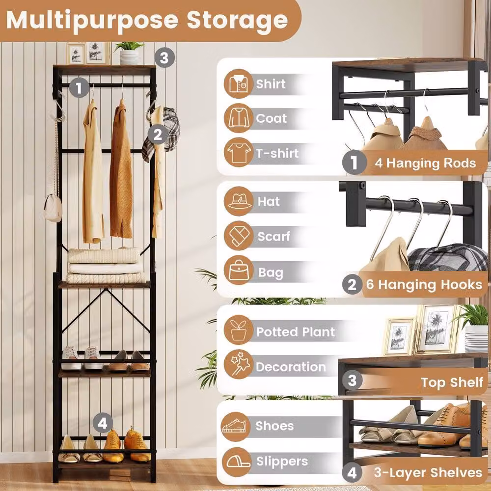 Costway Industrial Slim Hall Tree with Bench, 4 Storage Shelves and Hooks in Brown – 3