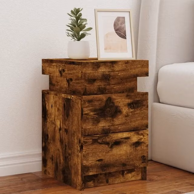 Berkfield Home Set of 2 Modern Bedside Cabinets with Integrated LED Lights in Smoked Oak Brown, W/D/H: 35 x 39 x 55 cm