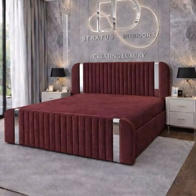 Stratus Interiors Aura Rounded Panel Bed Frame in Red Velvet with Silver Accents, Single, W/D/H: 90 x 190 cm