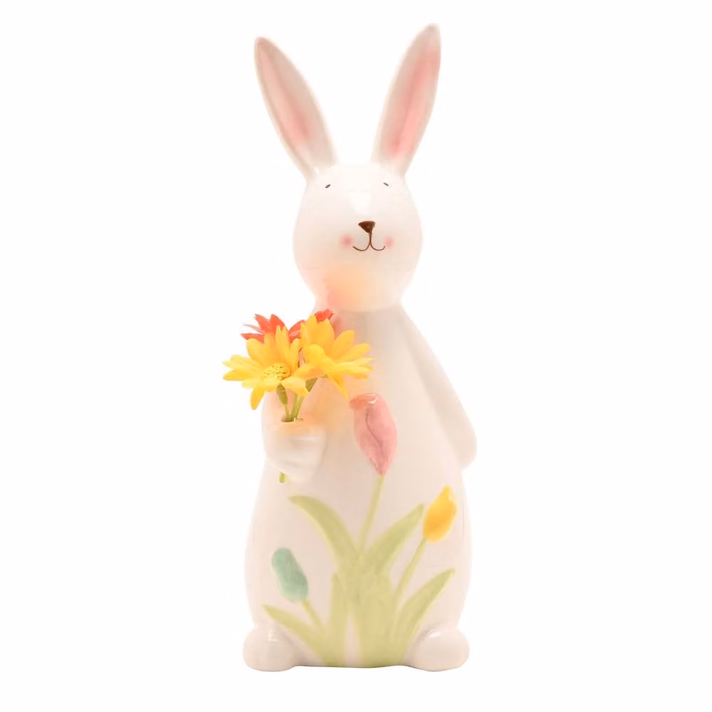 Eggs-traordinary Gift Co. Ceramic Bunny Holding Flowers, White and Multicolour, Height: 24 cm – 2