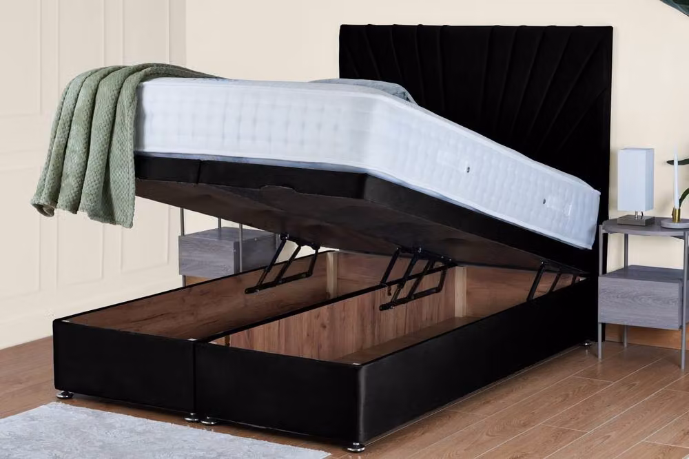 UK Bed Furniture Sunrise Double Ottoman Divan Bed with 54 Inch Headboard in Black Velvet Fabric, W/D/H: 140 x 200 cm – 2