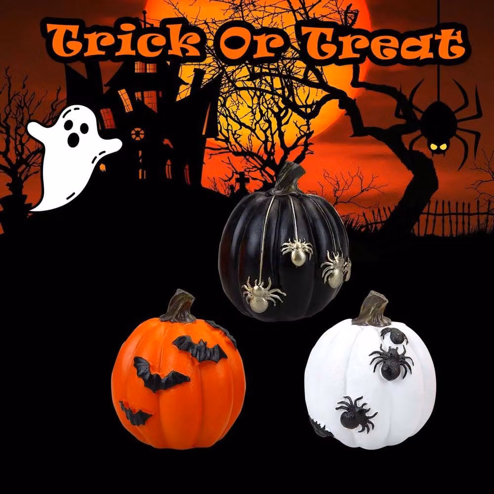 VFM e-Store Halloween Polyresin Pumpkin Tabletop Decor, 3 Pack, Black, Orange and White – 3