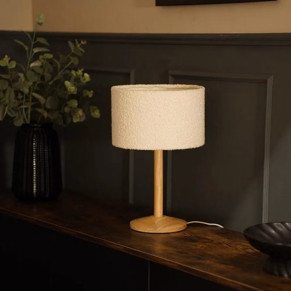 ValueLights Triston Wood Table Lamp with Beige Boucle Fabric Shade, Height: 25.4 cm – 3