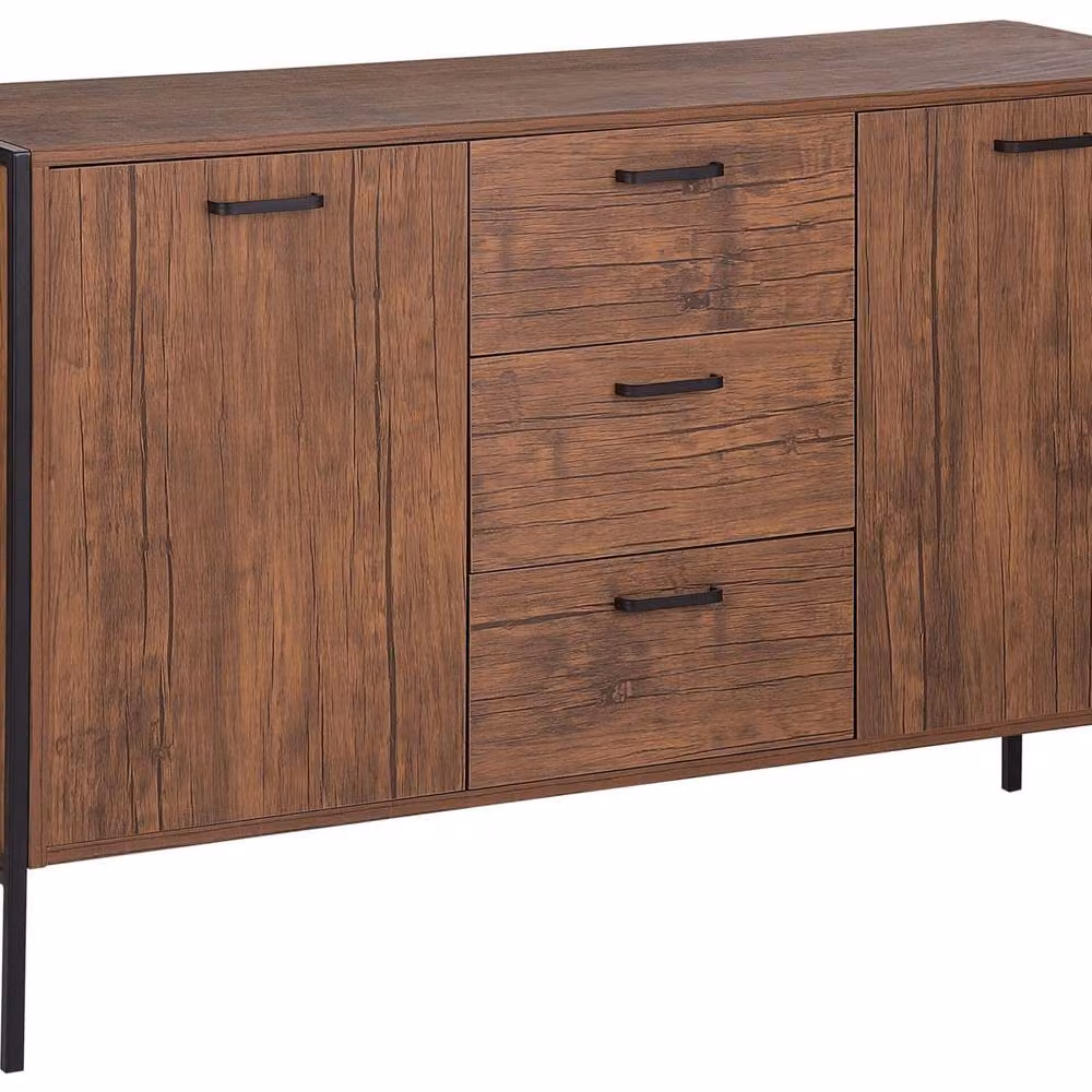 Wyld and Coco Industrial Sideboard in Dark Brown with Black Frame, featuring 3 Drawers and 2 Cabinets – 2