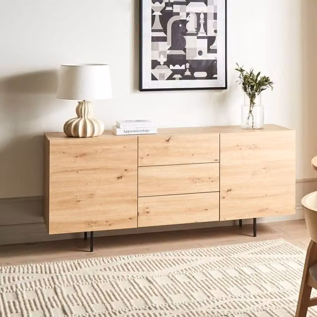 Wyld and Coco Scandinavian Sideboard in Light Brown with 2 Doors and 3 Drawers, W: 163 cm, D: 41 cm, H: 72 cm – 1