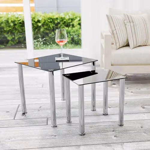 AVF Nesting Tables Set of 2, Black Glossy Glass and Silver Metal, W/D/H: 50 x 45 x 44.2 cm and 44.2 x 45 x 45 cm – 2