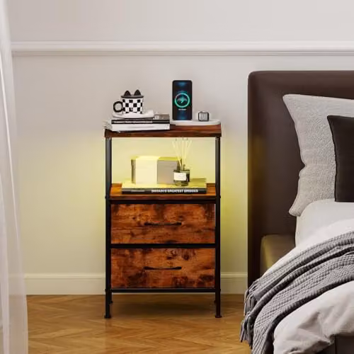 Levede Industrial Bedside Table in Brown with LED Lights, Charging Station, and 2 Fabric Storage Drawers, W/D/H: 30 x 40 x 60 cm – 2