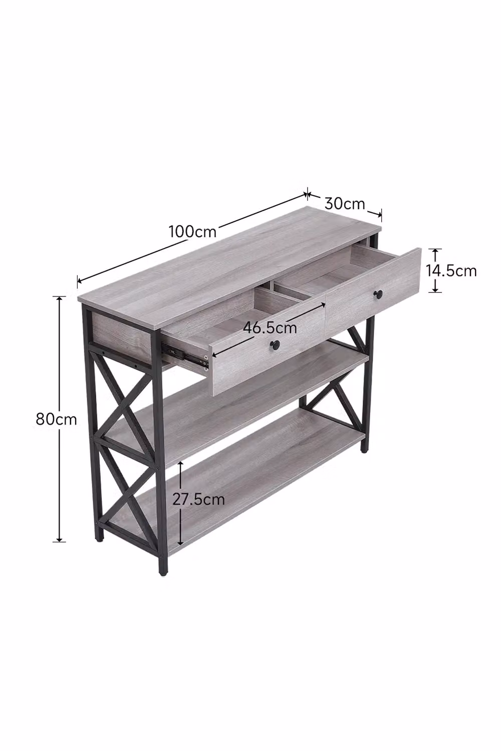 Living and Home 3 Tier Industrial Style Narrow Wooden Console Table with Drawers and Shelves in Grey, W/D/H: 100 x 80 x 1.0 cm – 2
