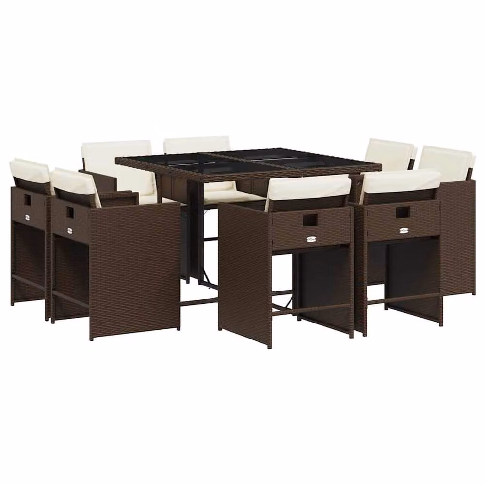 Berkfield Home 9 Piece Brown Poly Rattan Garden Dining Set with Cushions and Glass Tabletop – 2